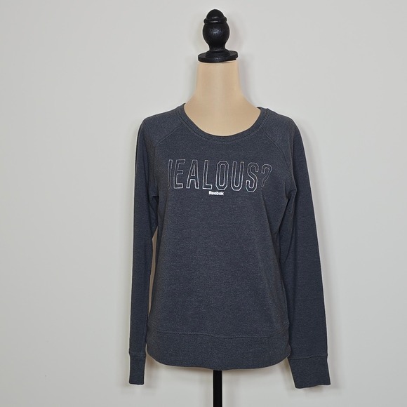 Reebok Tops - Reebok Womens Jealous Graphic Sweatshirt Charcoal Gray Raglan Pullover‎ Small